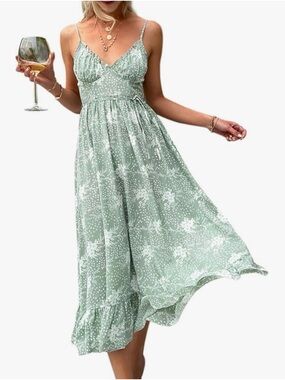NWT Sleeveless V-Neck Floral Midi Dress in Sage Green